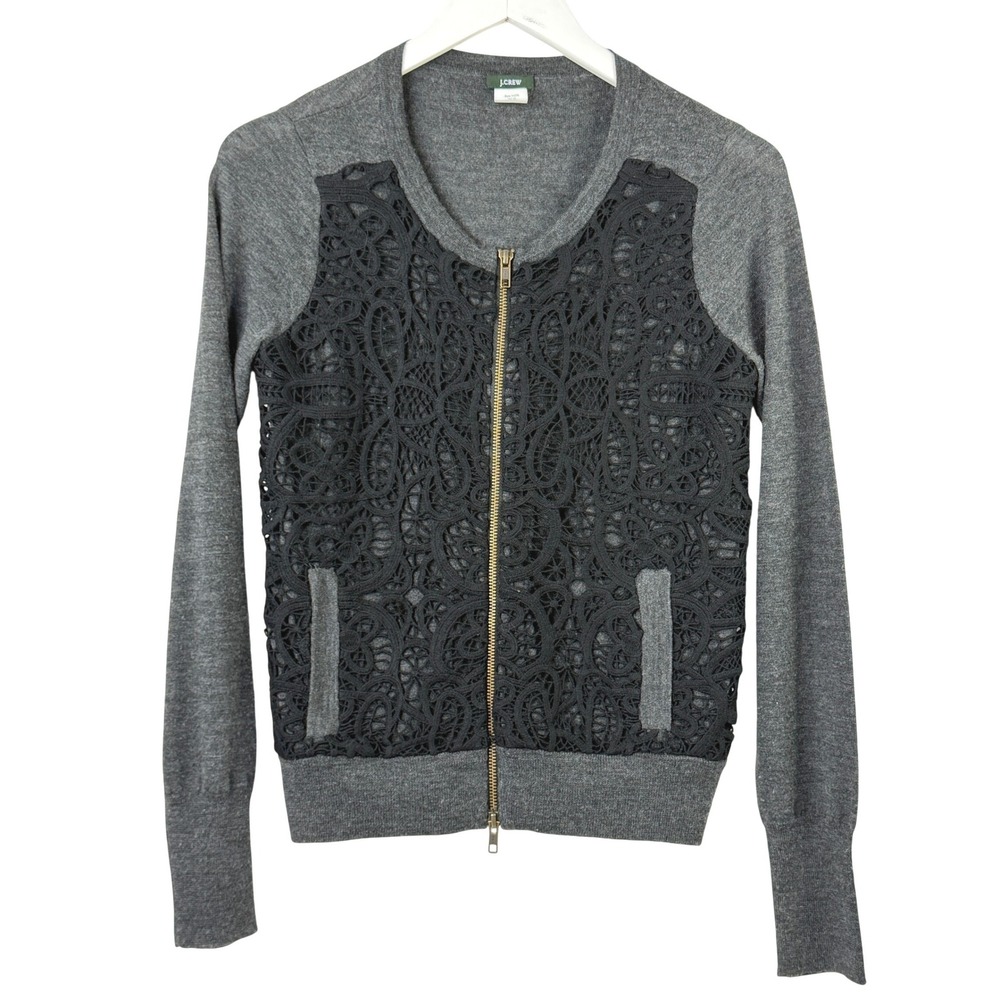 J.Crew Cardigan Sweater Women S Gray Black Lace Front Merino Wool Full Zip